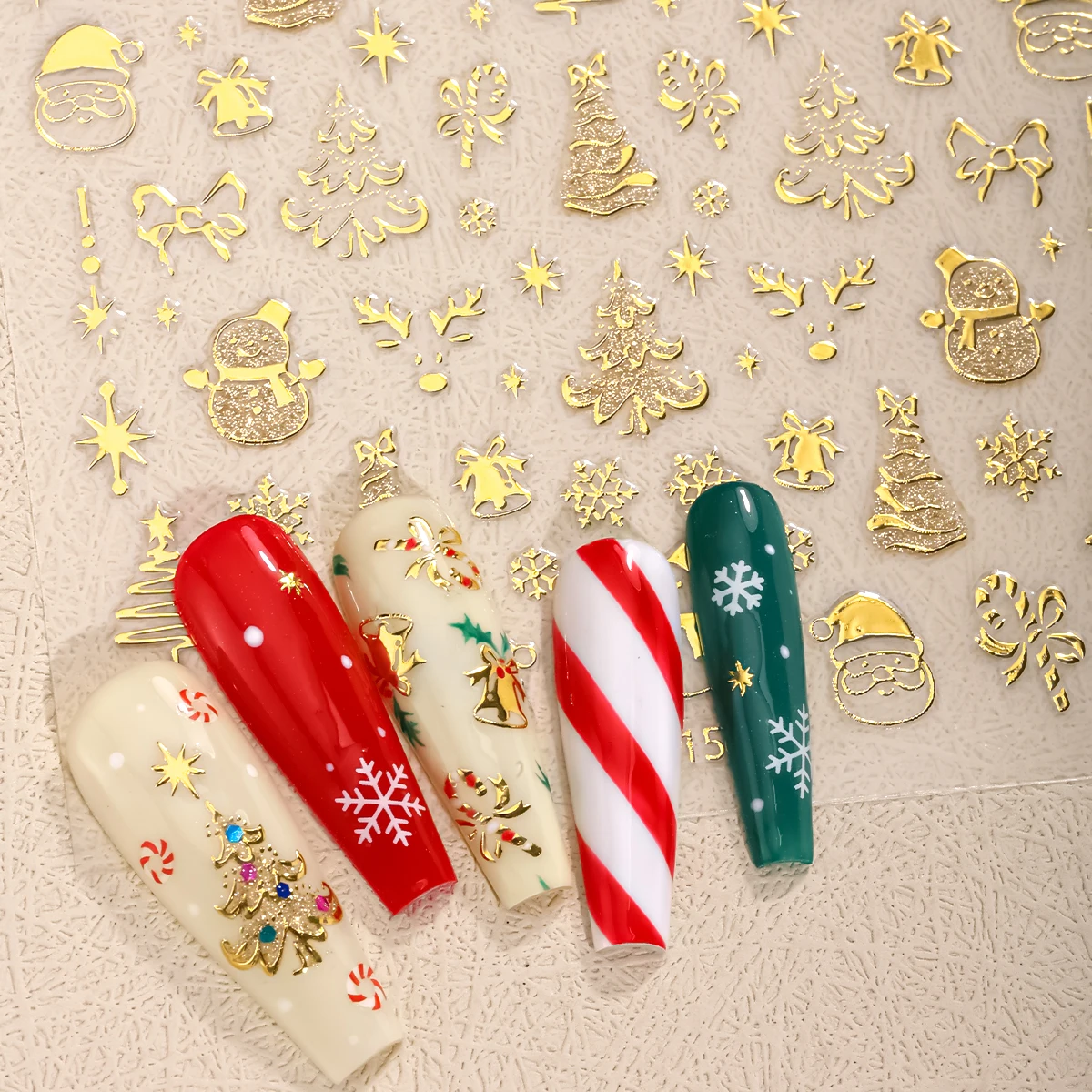 Autocollant de noël pour Nail Art, 3 pièces, flocon de neige doré, père noël, élan, bonhomme de neige, étoile, autocollant pour décoration de manucure à faire soi-même