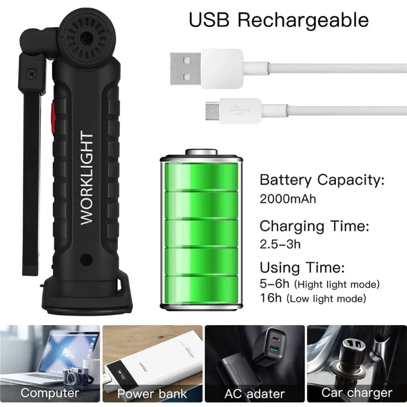 New Portable COB LED Flashlight USB Rechargeable Work Light Magnetic Lanterna Hanging Lamp with Built-in Battery Camping Torch