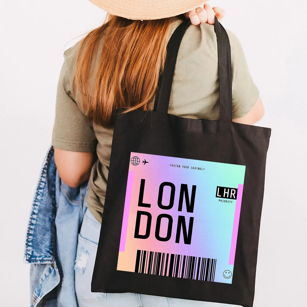 Paris New York Tokyo London Miami Boarding Pass Cute Women Canvas Shoulder Handbag Tote Eco Reusable Cotton Cartoon Shopping Bag