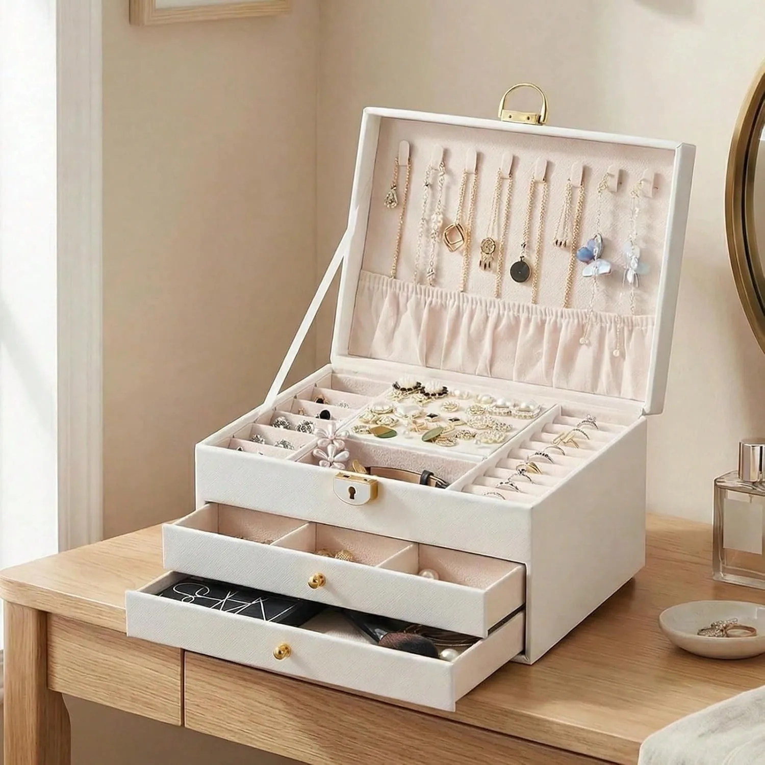 

3 Layer Jewelry Box, Lockable Jewelry Holder Organizer With Jewelry Drawer, Large Jewelry Boxes & Organizer With Velvet Earring Storage, Unique Gifts For Women Mom