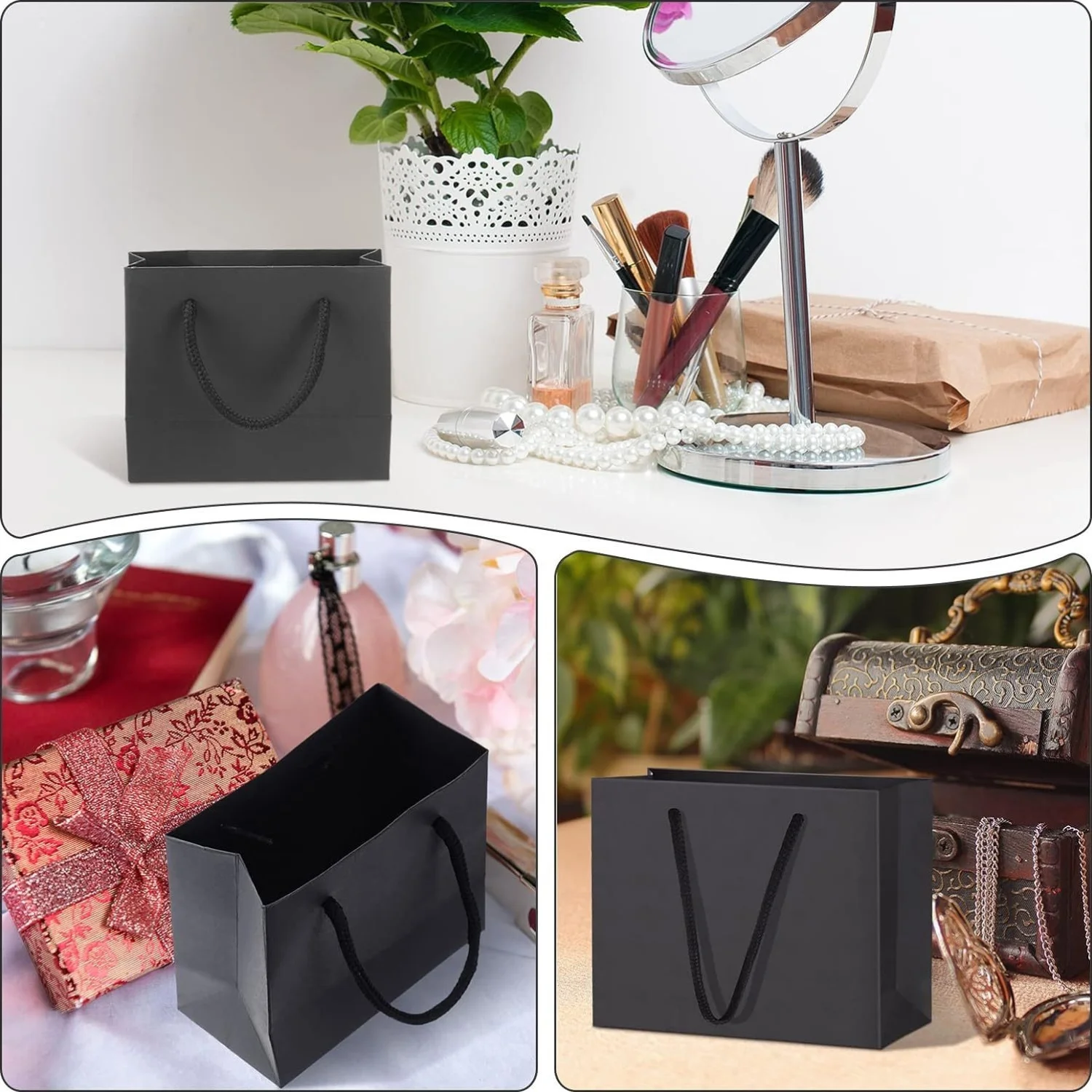 Schwarze Papier-Geschenktüten mit Griffen, Basteln, Partyplaner, Geschenkgriffe, perfekt für Hochzeit, Geburtstag, Party, Basteln, Geschenke, 10 Stück – Detail 5