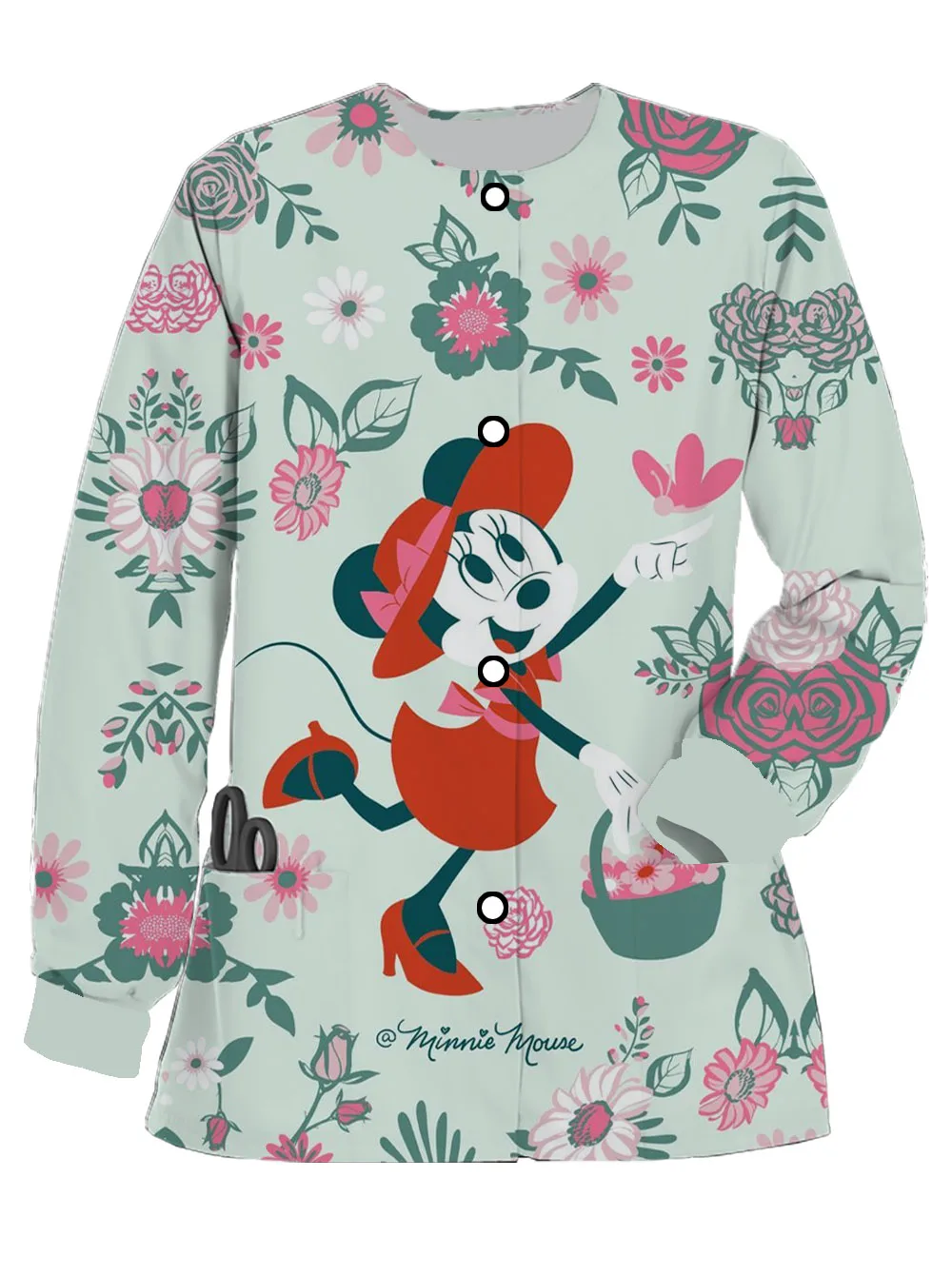 Women's Disney Mickey Minnie print spring and autumn long-sleeved frosted button nurse uniform doctor work uniform cardigan