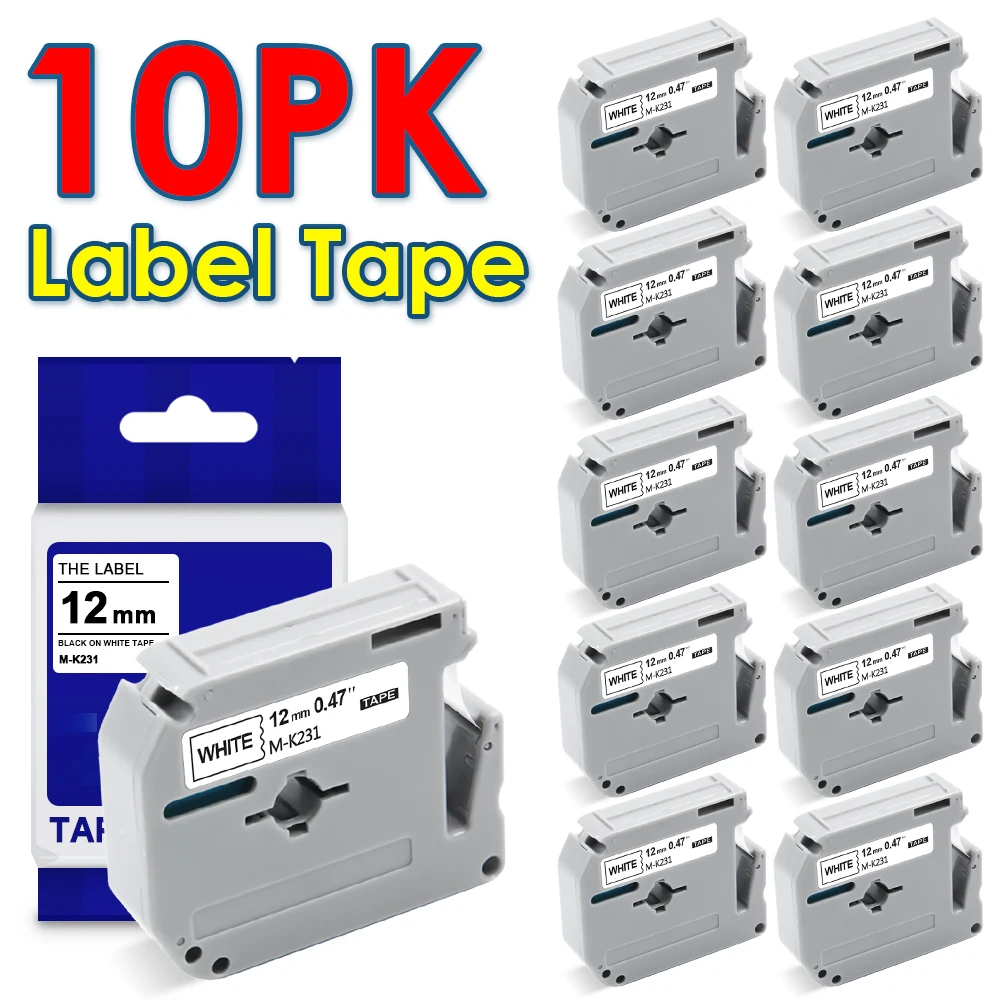 Labelwell-Cinta de etiquetas 10PK, M-K231 de 12mm, Compatible con impresora Brother MK 231 MK231 MK-231 631 131, Brother p-touch PT-70