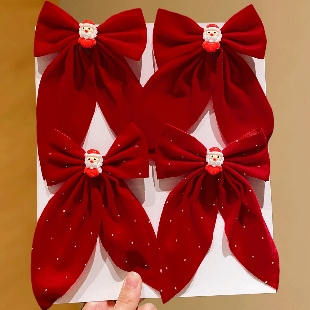 

2/4 Girls' Red Bow Hair Clips with Santa Claus Design - Festive Hair Accessories for Christmas & New Year Gifts