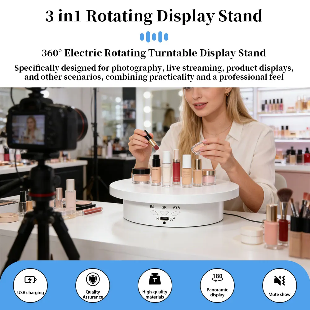 

Электрический вращающийся визуализатор 360° ° Вращающаяся подставка с 3 скоростями регулировки, USB-зарядкой и дисплеем для видеосъемки, демонстрации украшений и обуви