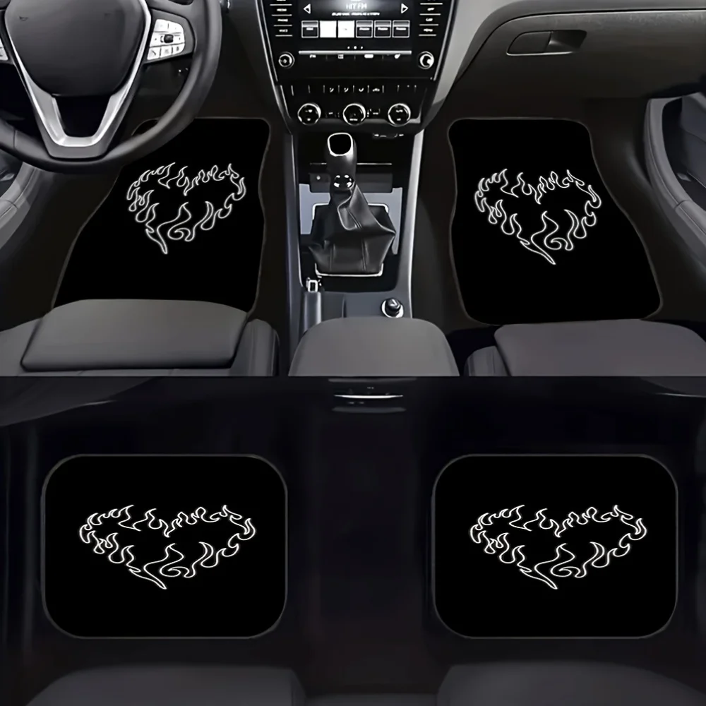 

4pcs Flame Heart Pattern Car Floor Mats Set, Universal Anti-Slip And Dustproof Front & Rear Carpet Accessories With Creative Lov