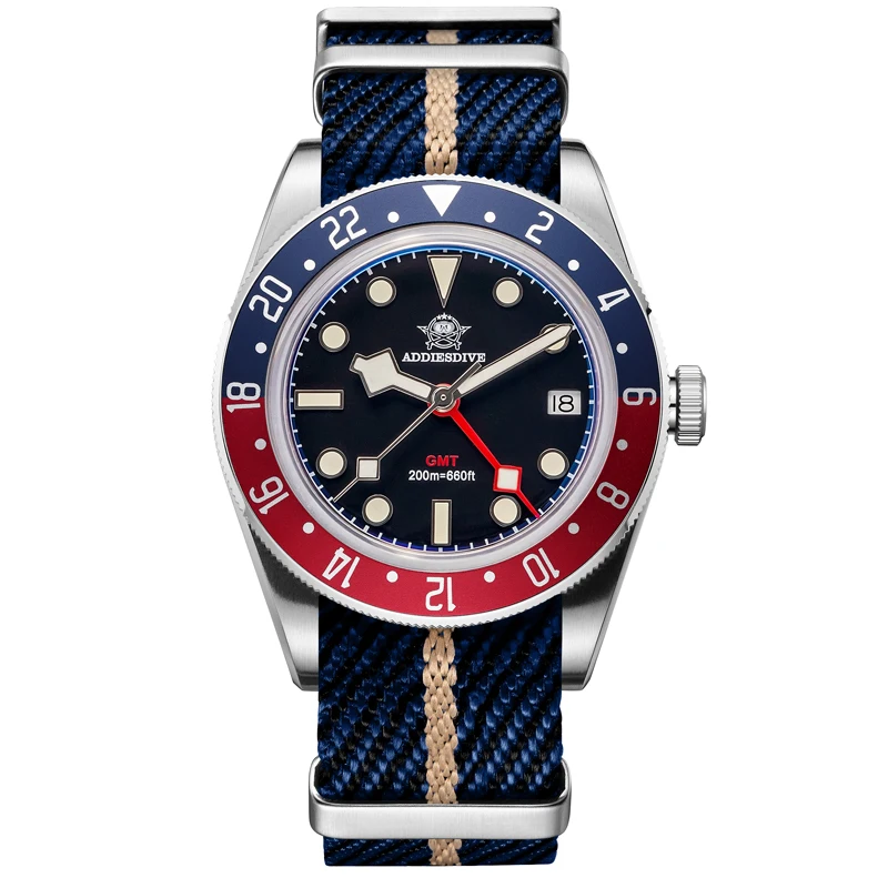 Addiesdive Luxe GMT515-24H Herenhorloge Diver 200M Bubble Spiegelglas BGW9 Super Lichtgevend Roestvrij Staal Heren Analoge Horloges