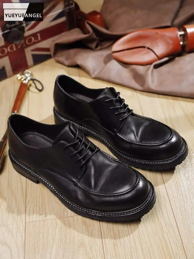 Vintage Men Washed Cowhide Genuine Leather Business Work Formal Shoes Handmade Round Toe Lace Up Low Cut Wedding Dress Shoes