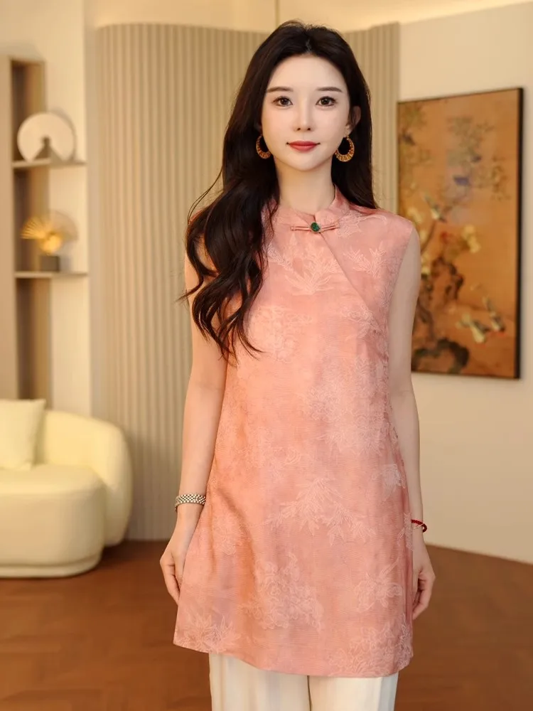

Ele Pink Emed Chinese Sle Vest Top Women's Faion Summer 2025 Straight Cut Svel irt Collar Mid-Length