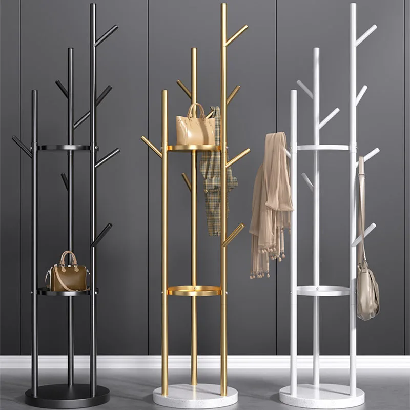 Luxury Metal Freestanding Coat Rack Tree Shape Garment Rack Adjustable Height Coat Stand with Storage Shelves for Hallway Home