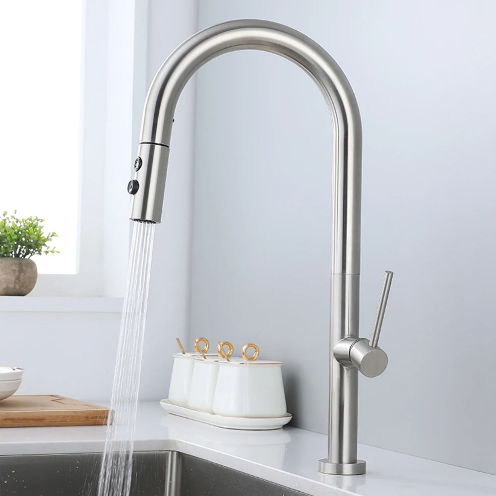 

Brushed Grey ,304 Stainless Steel Sink Kitchen Faucets ,Hose Pull Down ,360 Rotation Mixer Cold & Hot Water ,Two Holes