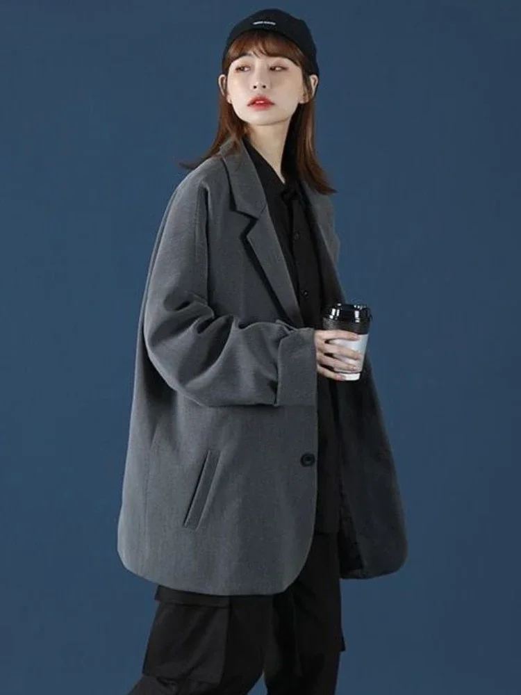 블레이저 여성 헐렁한 단순한 옷 우아한 프레피 옷 한국 패션 유니섹스 긴 소매 가을 하이 스트리트 젠틀 노치드 인