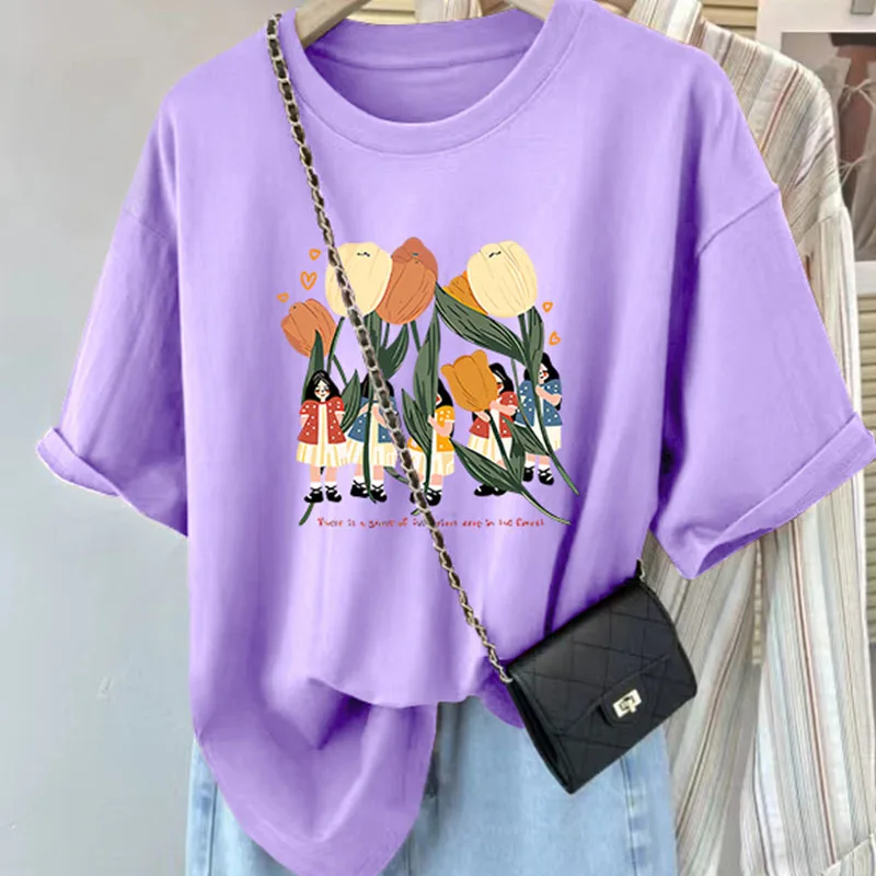 الملابس النسائية الأزهار القطن الخالص عارضة تي شيرت الصيف تنوعا فضفاضة قصيرة الأكمام تيز سيدة الأساسية طاقم الرقبة بلوزات على الموضة #6