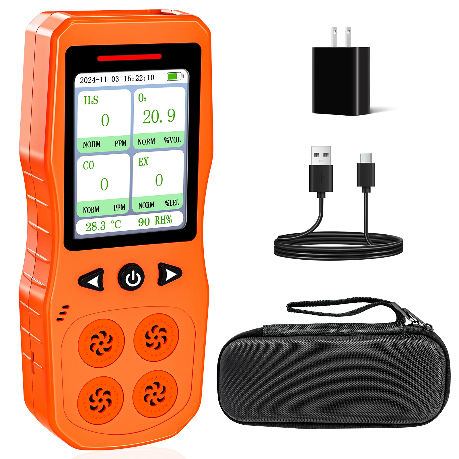 4 Gas Monitor for O2, CO, H2S, Combustible Gas Tester, Rechargeable 4 Gas Leak Detector with Sound,Light & Vibration Alarm