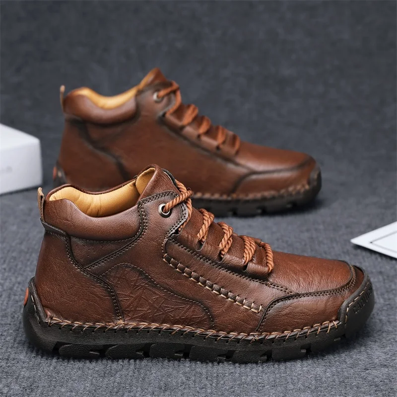 

Outdoor Travel Ankle Boots for Men Leather Hiking Shoes Versatile Leisure Walk Motorcycle Boots Lace-Up High Top Botas Sneakers
