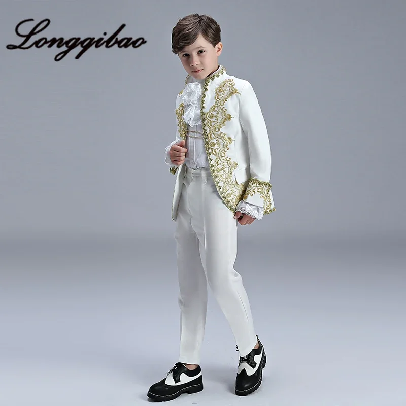 Boys European Style Court Drama Costume Children Golden Flower Stage Prince Charming Performance Clothing Set Kids Blazer Pants