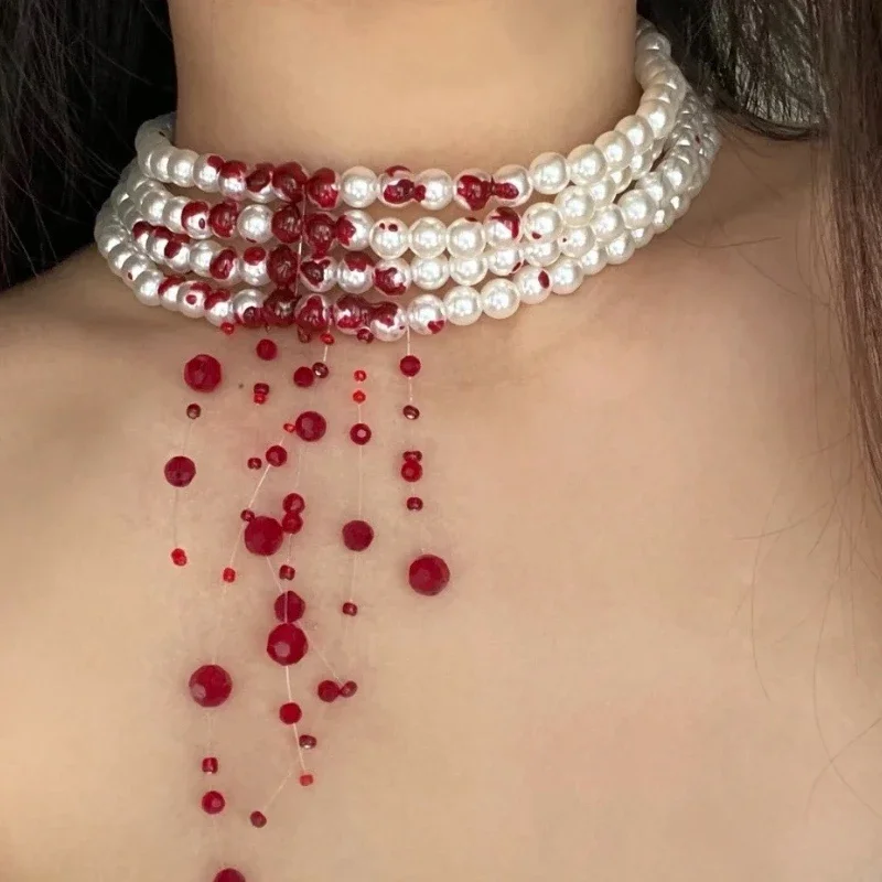 

Gothic Wind Bleeding Drops Vampire Necklace Ring Chocker Multi-layered cosplay Ghost Bride Pearl