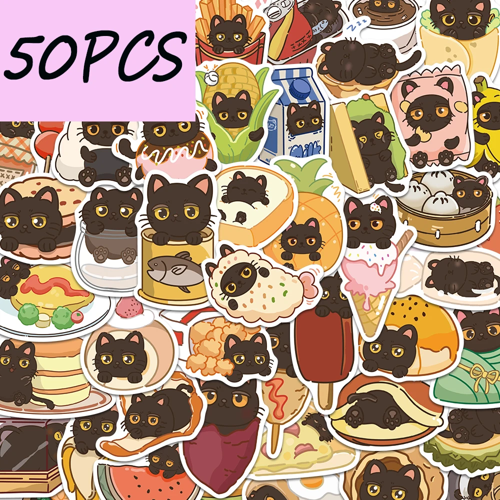 

50pcs Black Cat Greedy Diary Stickers, suitable for decorating suitcases, helmets, storage boxes, waterproof stickers