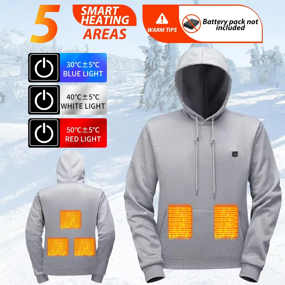 

Adjustable Drawstring Hoodie Men's USB Heated Sweatshirt Warm Outdoor Casual Winter Top 5 Heating Areas Electric Thermal Hoodie