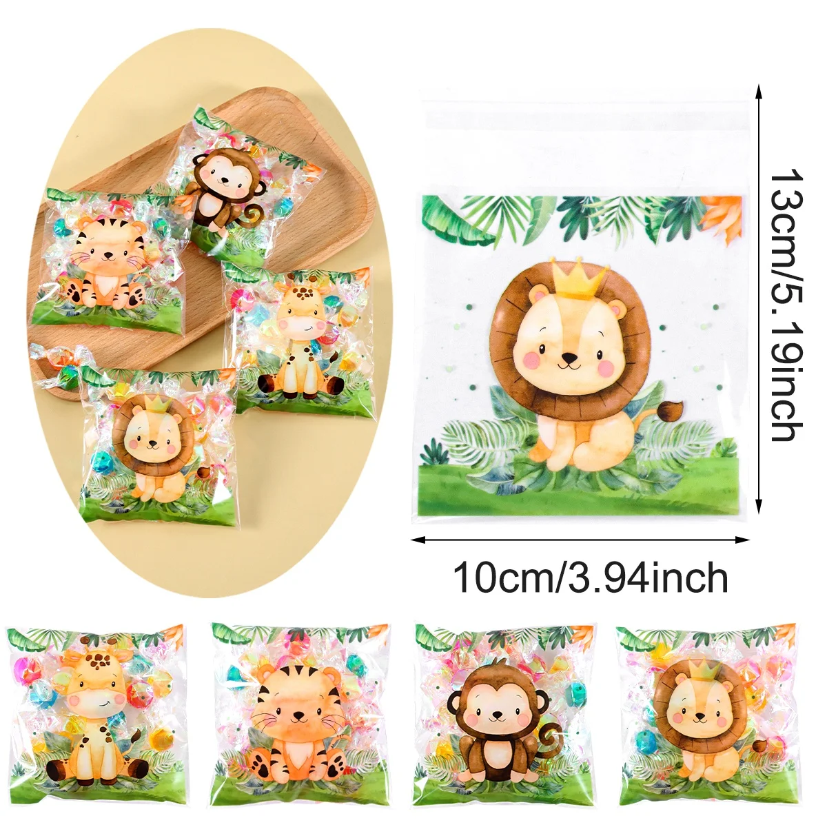 50/100 Stück Safari-Tier Selbstklebende Geschenktüten Löwen-Tiger-Design Cellophan-Süßigkeitentüten für Erste Geburtstagsfeier-Zubehör – Detail 1