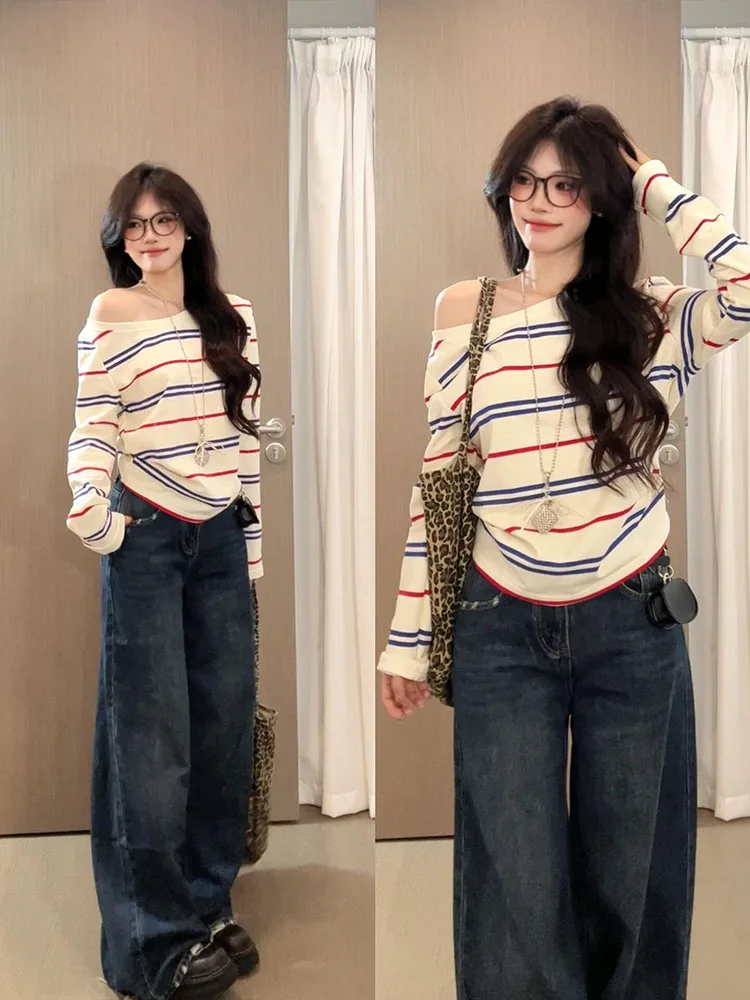 슬림핏 스트라이프 롱 슬리브 티셔츠 여성용 오버헤드 숄더 디자인 가을 아우터 캐주얼 라운드 넥 빈티지 슬리브 탑