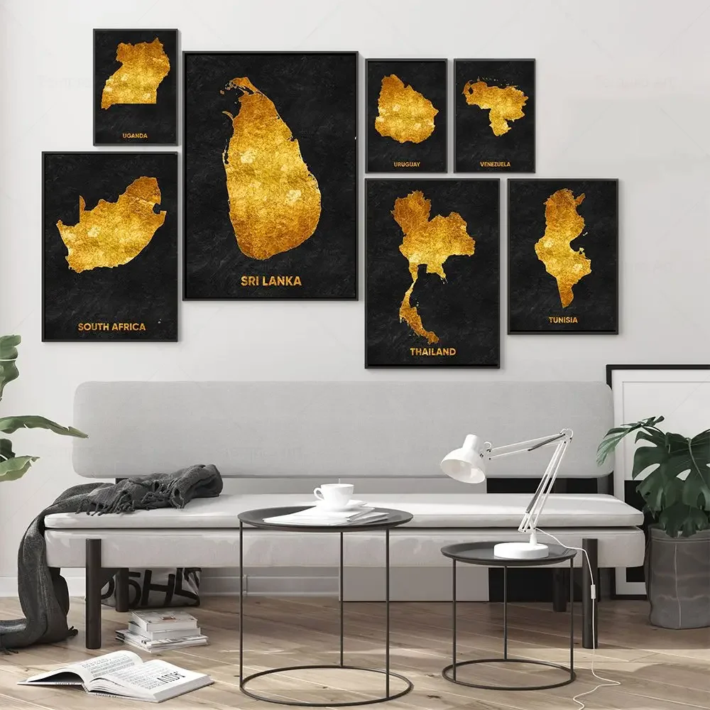 Classic Abstract Wall Art Black Gold Lebanon Country Map HD Canvas Print Poster Home Living Room Bedroom Decoration