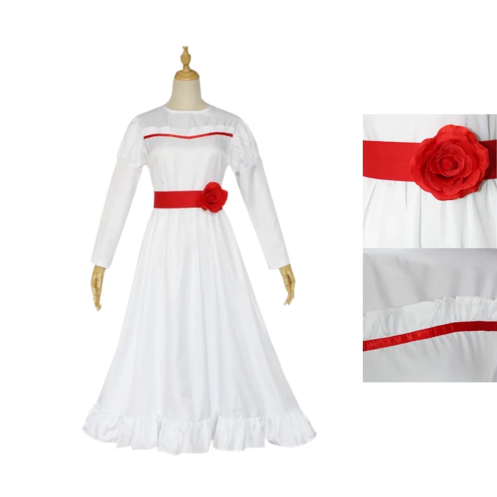 ANNA cosplay dress black and white two tone soul summoning horror doll costume long sleeved red rose waist cinching long skirt H view 4