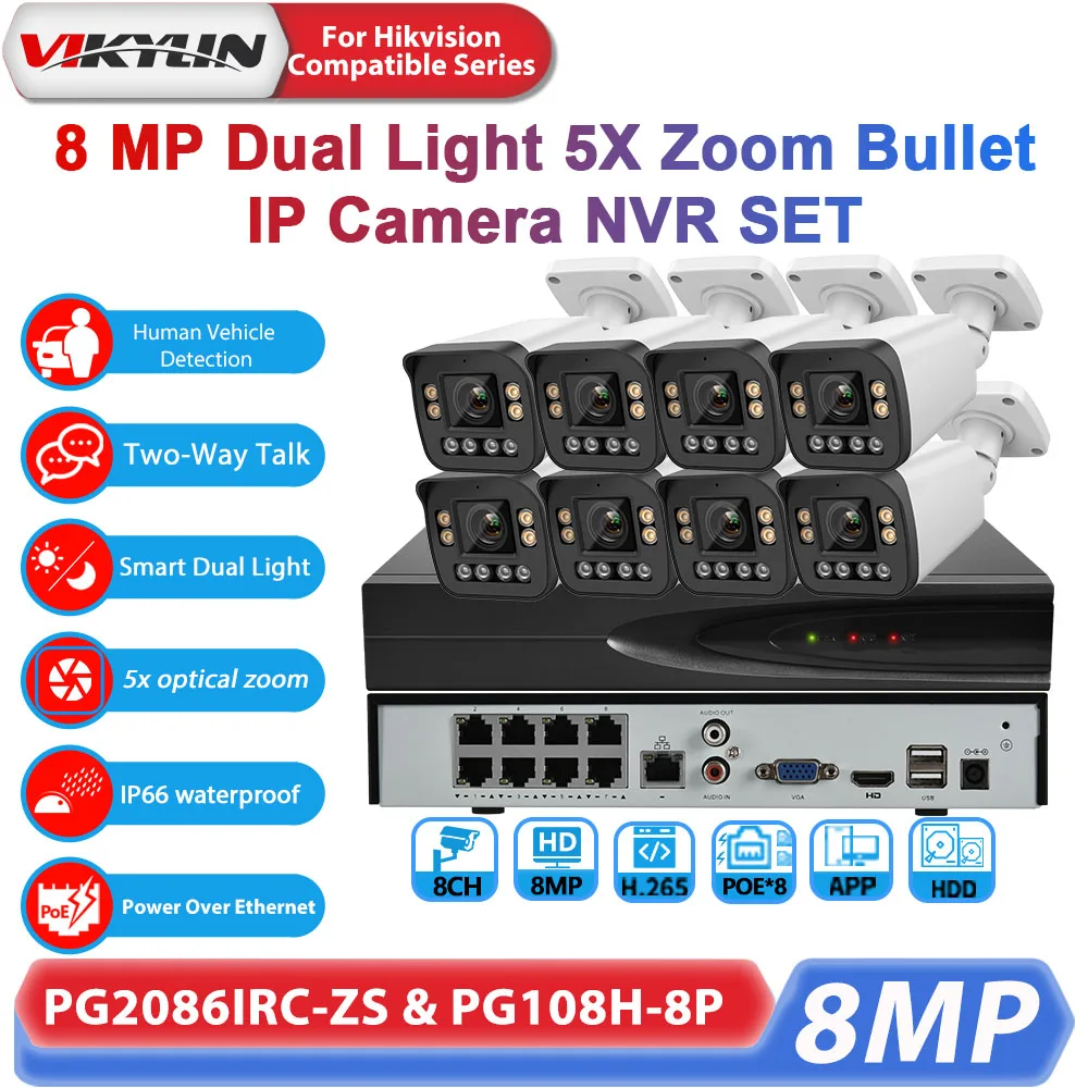 Vikylin 4K 8MP 5X Zoom IP Camera Dual light Two Way talk 8CH 8POE Network Video Recorder 8 PCS Home CCTV Security System NVR kit