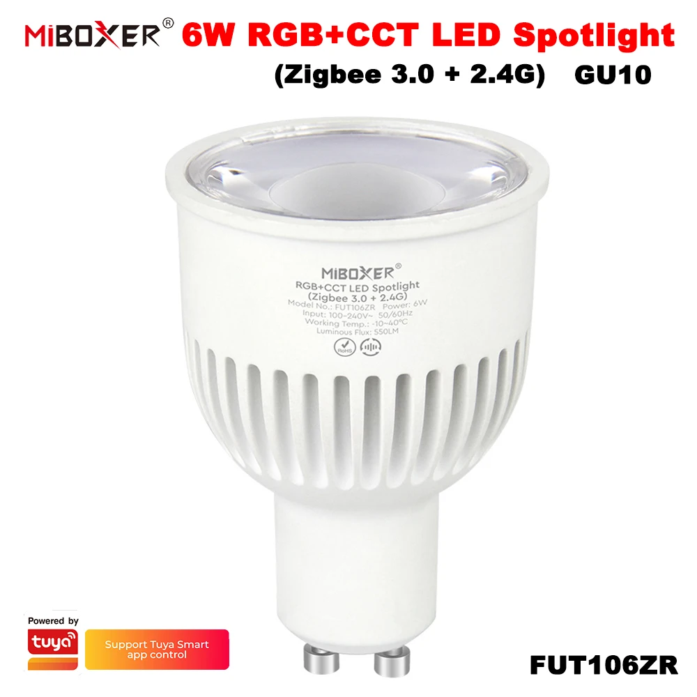 Miboxer FUT106ZR Smart TUYA Zigbee 3.0+2.4GRF AC100-240V 6W GU10 RGB+CCT Brightness/color temperature adjustable LED Spotlight