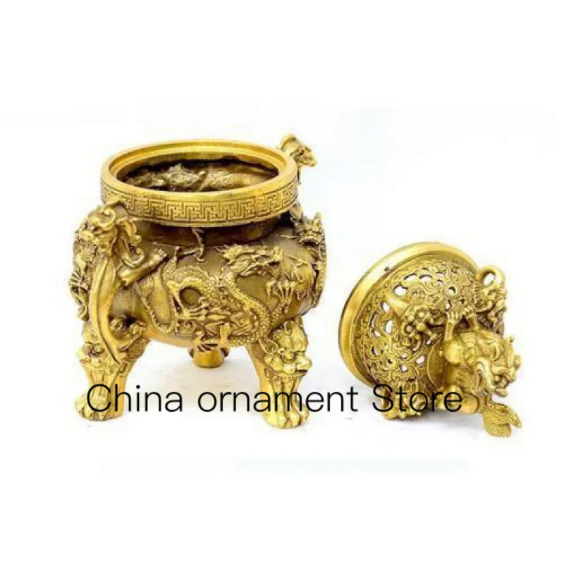 

Chinese Old Bronze Gold Plated Dragon Fu Dog Lion Beast Statue Incense Burner Incense Burner