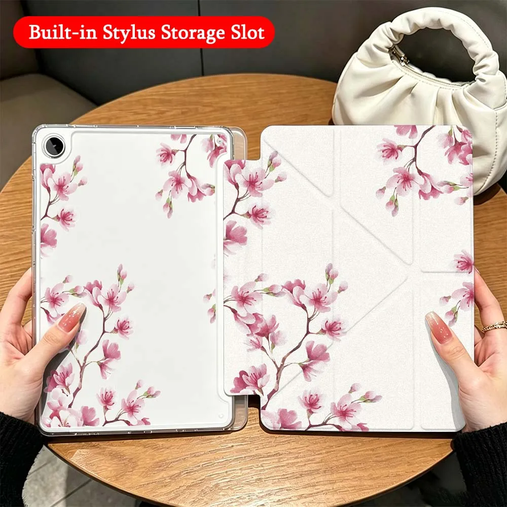Pink Plum Blossom Branch Case For Samsung Galaxy Tab A9 A8 A11 S6 S7 S8 S9 S10 FE Plus Lite Transparent Y-Shaped Folding Tablet