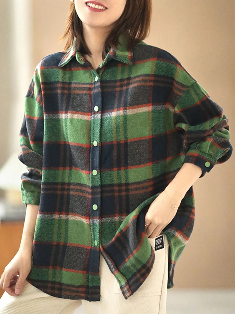 

Women's Plaid irt Jaet Casual Brued Long Sve Collar Korean Sle Commute Pattern Printed Loose Fit Spring
