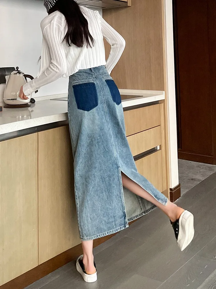 

GUUZYUVIZ Split Denim Skirt Women Blue Summer High Waist A Line Long Jean Skirts For Ladies