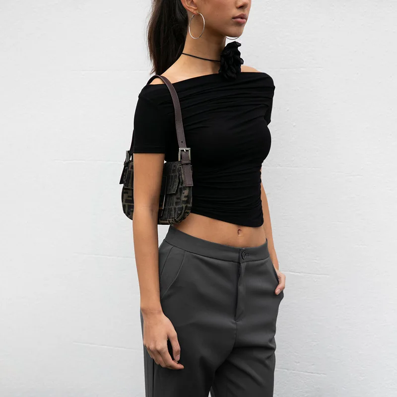 2024 Summer New T-shirt Women Sexy Short Sleeve Tees Slash Neck Folds Crop Top Casual Fashion Streetwear Bodycon Solid T-shirts