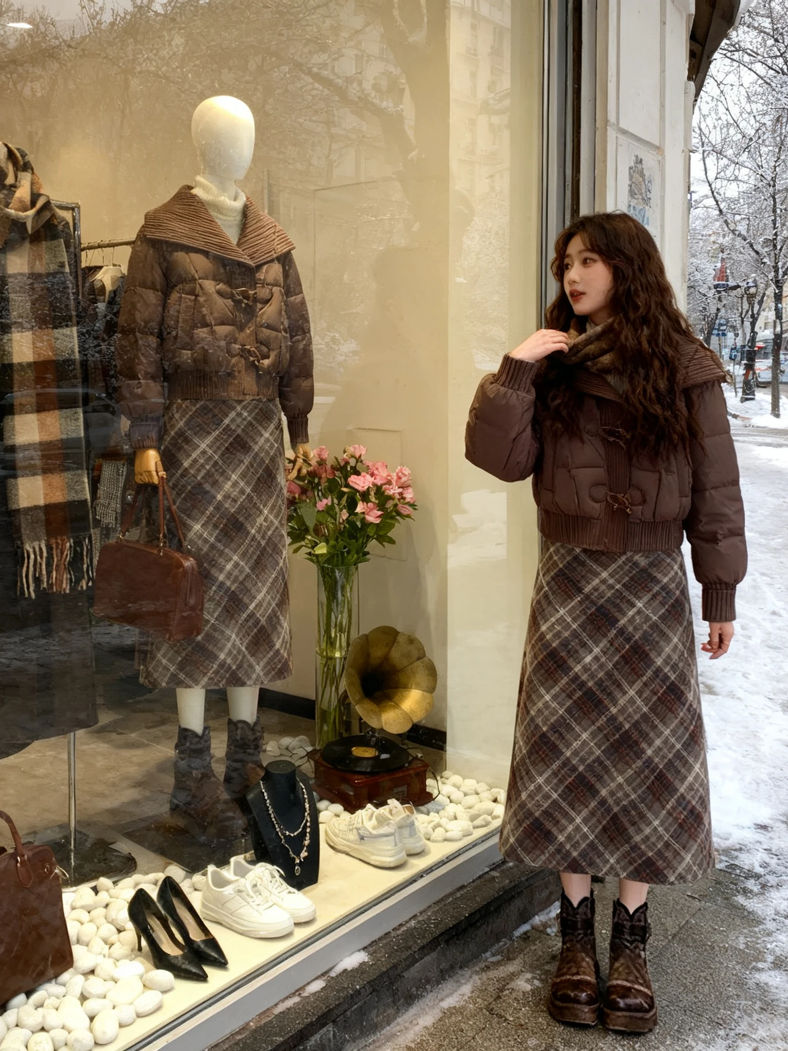 

Зимнее теплое хлопковое пальто и клетчатая юбка с высокой талией, женский винтажный комплект для похудения, повседневная одежда для отдыха