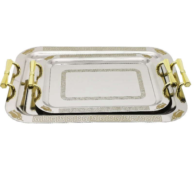 Stainless Steel Rectangular Dish & Plate with Eco-Friendly Gold Printed Flower Pattern Commercial Grade Food Tray