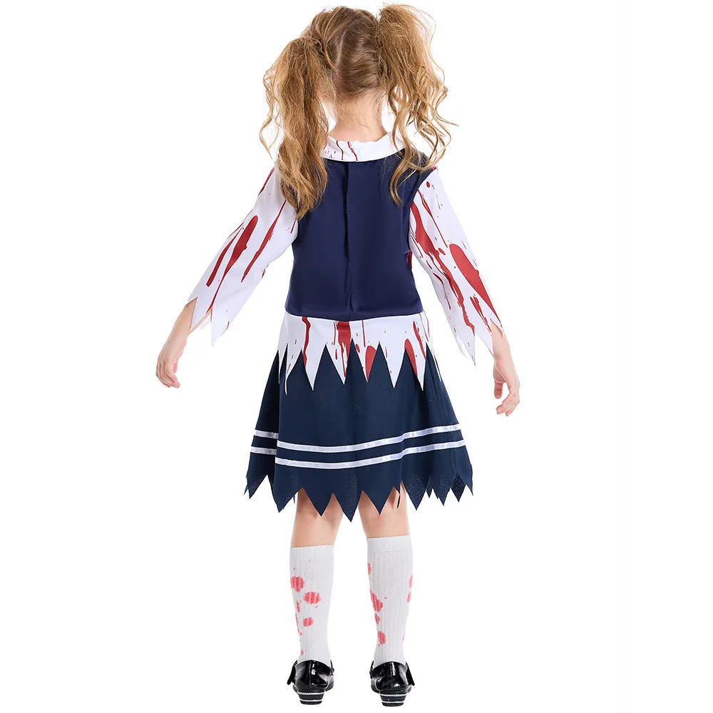 Bloodstained Student School Uniform Set for Women and Girls Halloween Cosplay Costume Scary Bloody Zombie Dress Vampire Costume