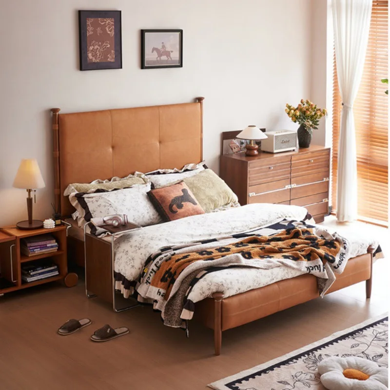 

Средневековая кровать из массива дерева с обивкой из натуральной кожи (первый слой), двуспальная, для главной и второй спальни, в американском стиле