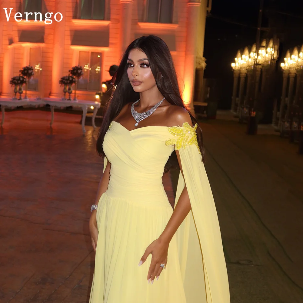 

Verngo Yellow Chiffon Evening Dress Off The Shoulder A Line Simple Formal Occasion Dress Women Elegant Prom Gowns Customized