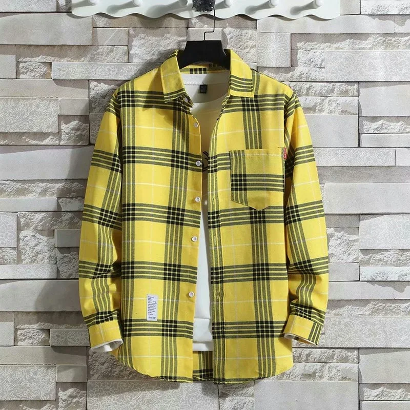 Long-sleeved plaid shirt for men summer loose everything big size thin ice silk shirt wear port wind coat tiktok internet celebr