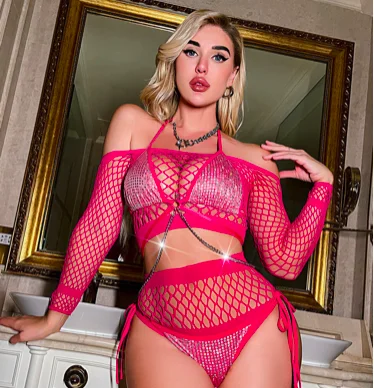 القوطية شبكة صيد السمك المحاصيل الأعلى كم طويل مع سلسلة مطابقة السراويل قطعتين مجموعة لملهى ليلي القطب الرقص الهذيان الزي بار راقصة