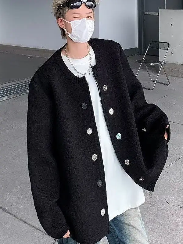 

Мужской вязаный кардиган свободного кроя с длинными рукавами, осенне-зимний, с воротником-бомбером, повседневный, удобный, дышащий, приятный к телу