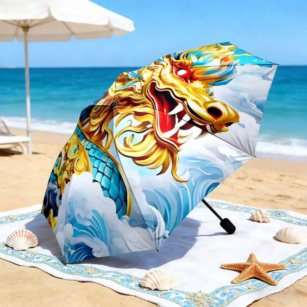 1PC Golden Dragon Umbrella by the Lake Print 8 Iron Ribs Folding Umbrella Auto-Open Fashion Sunshade