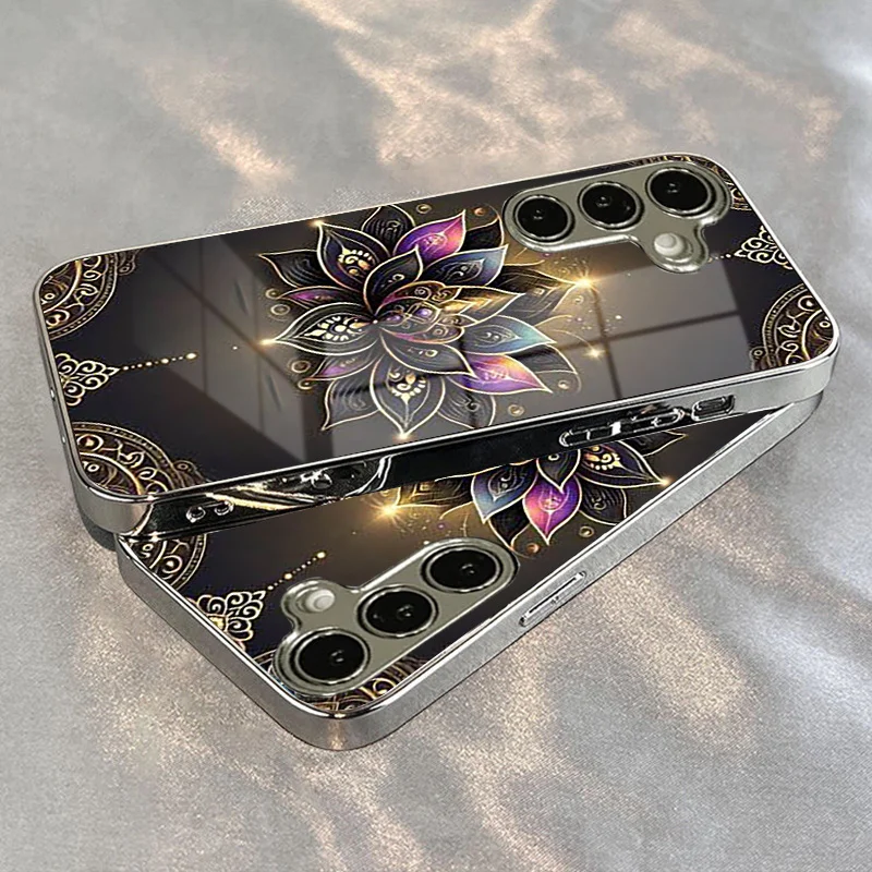 Gold Lotus Flower Pattern Electroplated Glass Phone Case for Samsung Galaxy S26 S25 S24 S23 S22 S20 FE/Ultra/Plus Drop Cover