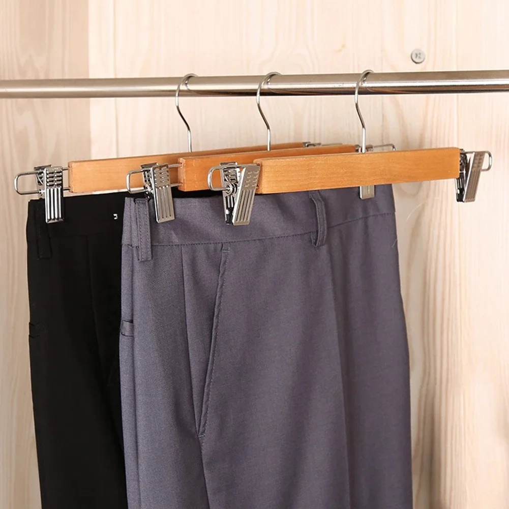 10 Pack Wooden Skirt Hangers with Adjustable Clips Non-Slip Trouser Hanger Natural Finish Lotus Wood Pants Hangers 360°