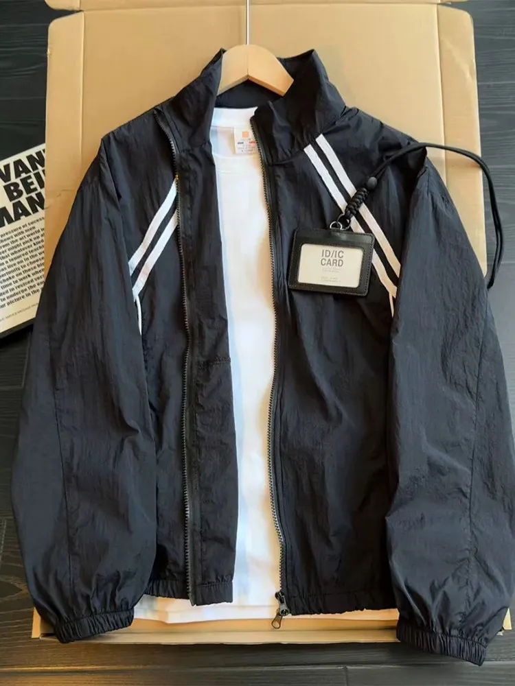 Quick Dry UPF50 Ice Silk Men's Climbing Jacket Color Block Striped Outdoor Sports Coat Casual Style Summer Long Sleeve Zipper
