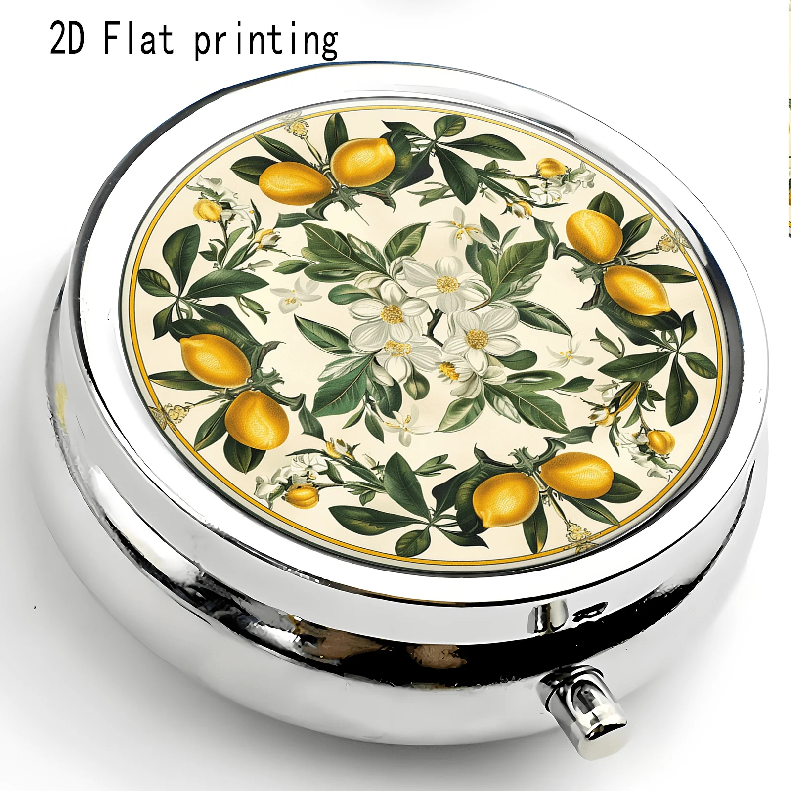 Yellow Lemon and White Floral Pattern Three-Compartment Portable Box, Vitamin Storage Box, Suitable for Placing in a Pocket or Purse, Small Multifunctional Metal Jewelry and Pill Box, Essential Travel Storage Box, Unique Holiday Choice Flat Surface Printing, Flat Metal Matchbox