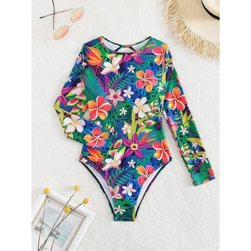 New Sexy One-Piece Printed Long Sleeve round Neck Bikini Women's Swimsuit Sun Protection Backless Slimming Swimwear