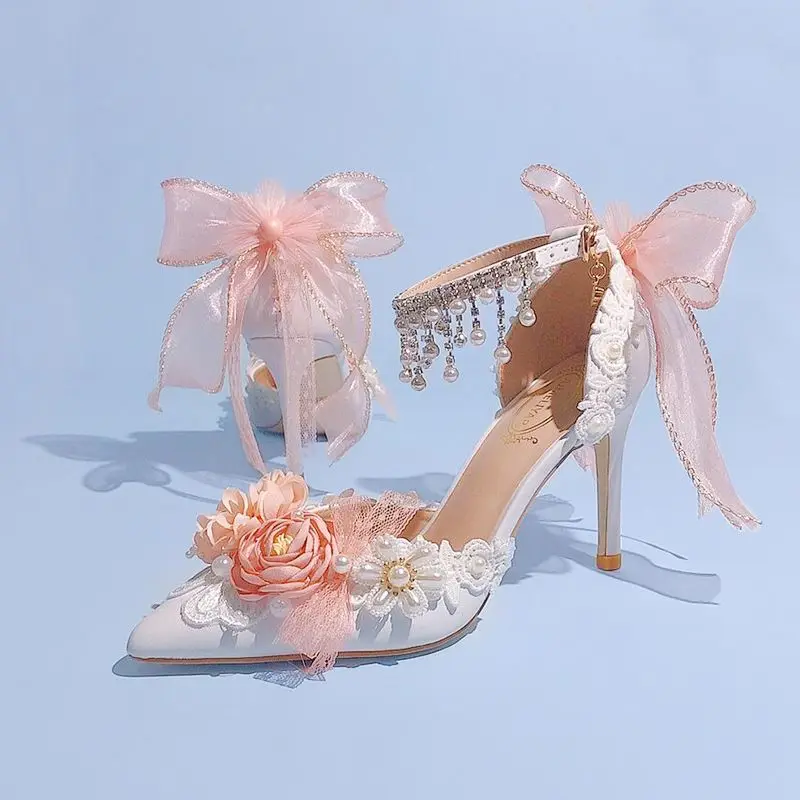 Lolita Bride Shoes 2024 New Pearl Rhinestone Pink High Heels for Women Sweet Flower Knot Bridal Shoes