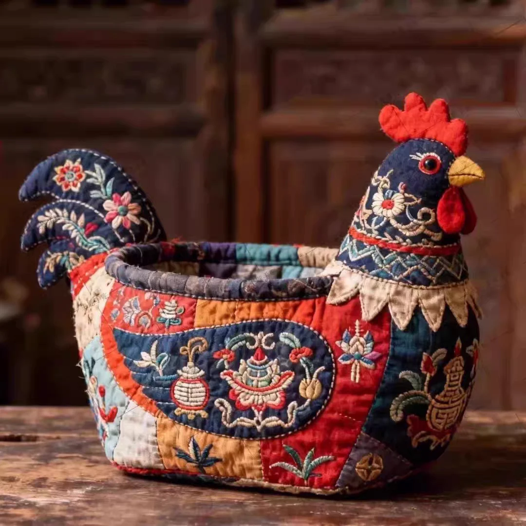 

Handmade fabric chicken storage box, creative rooster shape home desktop storage doll